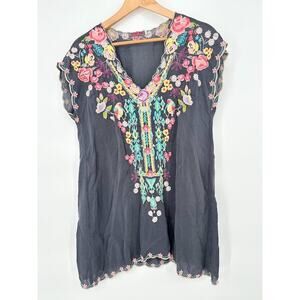 Johnny Was Letty Embroidered Gray Tunic Top Dress Floral Boho Hippie Size Small